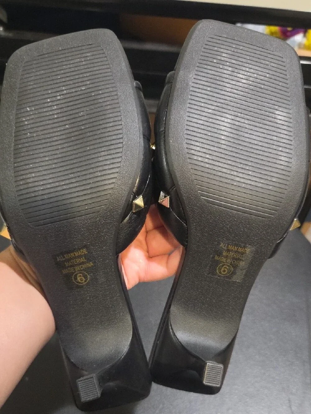 SODA Black Quilted Slide Sandals with Gold Pyramid Studs